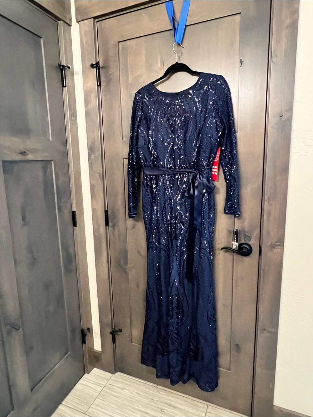 R&M Richards Navy Sequined Long Sleeve Evening Gown